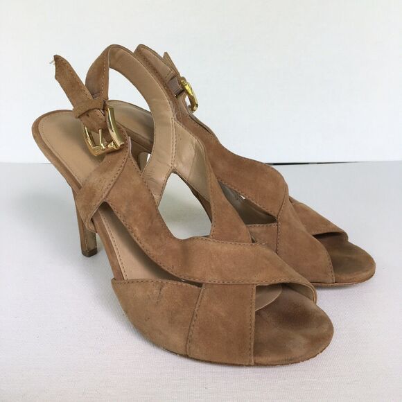 Michael Kors Becky Sandals Size 6.5 Suede Crisscross Slingback Heels Tan/Brown - Picture 1 of 12